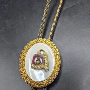 Masonic Shriners Freemasons Bolo Neck Tie with Gold Jeweled Pendant - Gold White